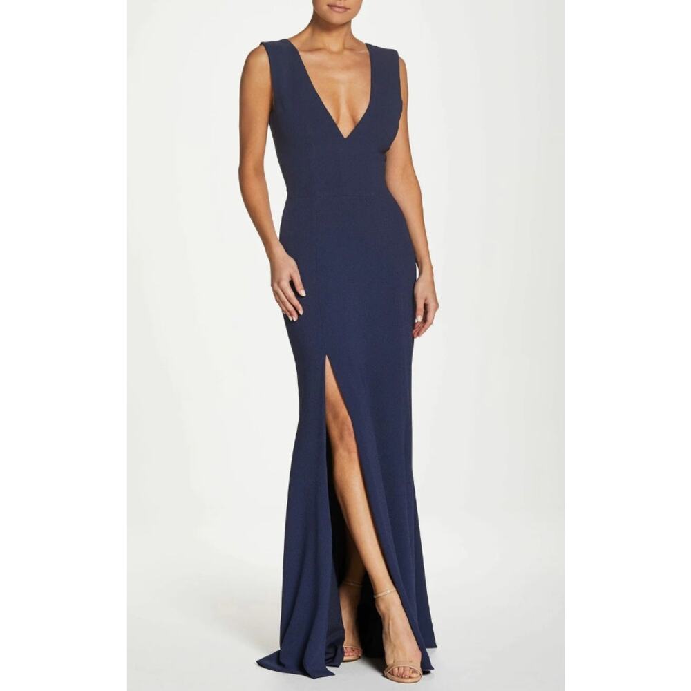Dress the Population Navy Deep V-Slit Prom Gown